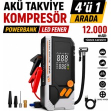 Seyoni 12.000MAH Akü Şarj Takviyeli Cihazı Kompresör, Powerbank, LED Fener 4'ü 1 Arada