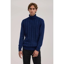 Jakamen İndigo Slim Fit Desenli Tam Balıkçı Yaka Triko