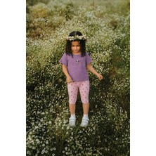 Cigit Kız Çocuk Diz Altı Taytlı T-Shirt Takım 1-7 Yaş Mor Yaz Temalı Rahat Kullanım