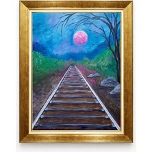 Tablore Gold Çerçeveli Pembe Dolunay ve Gece Manzaralı Tren Yolu Tablosu