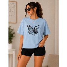 Badiva Fashion Badiva Kadın Kelebek Butterfly Baskılı Oversize Tişört Salaş Rahat Kalıp Yazlık T-Shirt