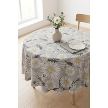 Rona Home Gri Papatya Desenli Yuvarlak Masa Örtüsü Leke Tutmaz Kaliteli Kumaş Dekoratif Mutfak Salon Örtüsü