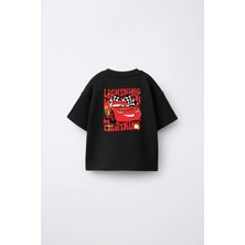 Fasardi Cars Arabalar Şimşek McQueen Ön Arka Baskılı Oversize %100 Pamuk Kısa Kol Unisex Çocuk Tişört