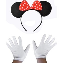 Erdo Ticaret Buğz Kırmızı Fiyonklu Minnie Mouse Tacı ve Beyaz Eldiven Seti
