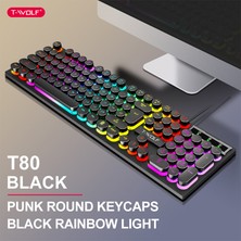 T-Wolf T80 Retro Punk Gaming Klavye Rainbow LED Aydınlatmalı 104 Tuşlu USB Kablolu Mekanik Hisli Oyuncu Klavyesi