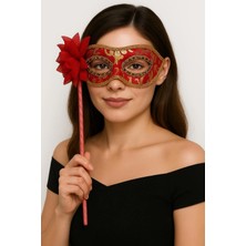 Erdo Ticaret Buğz Lüks Taşlı Saplı Maskeli Balo Maskesi Kırmızı Renk 35 cm