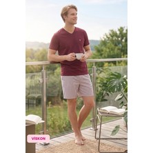 Guava Homewear Erkek Jakarlı Düğmesiz V Yaka Yazlık Viskon Kısa Kol Cepli Jakarlı Diz Üstü Şortlu Pijama Takımı