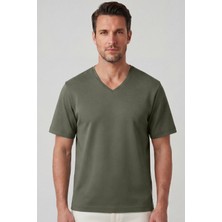 goffra Erkek Vision V Yaka Premium Kalite Yoğun Dokulu Pamuklu T-Shirt Haki M102-R0220-06