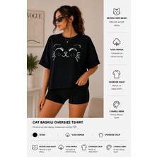 Badiva Fashion Badiva Kadın Kedi Baskılı Oversize Tişört Salaş Kalıp Pamuklu Bisiklet Yaka T-Shirt