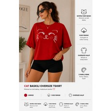 Badiva Fashion Badiva Kadın Kedi Baskılı Oversize Tişört Salaş Kalıp Pamuklu Bisiklet Yaka T-Shirt