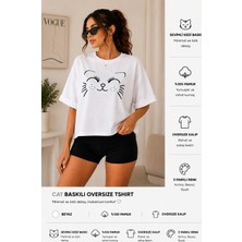 Badiva Fashion Badiva Kadın Kedi Baskılı Oversize Tişört Salaş Kalıp Pamuklu Bisiklet Yaka T-Shirt