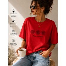 Badiva Fashion Kadın Oversize Papatya Baskılı Crop Tişört – Pamuklu Rahat Kalıp Basic Tshirt