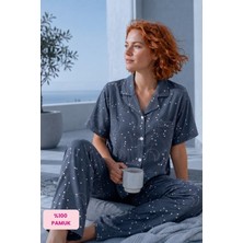 Bie's Kadın Maskülen Gömlek Yaka Önden Düğmeli Dokuma %100 Pamuk Saten Göğüs Cepli Kısa Kol Pijama Takımı