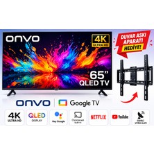Onvo 65’’ QLED Google Tv 4K Ultra Hd Smart Tv Dahili Uydu Alıcılı Netflix Youtube Wi-Fi + Duvar Askı Aparatı