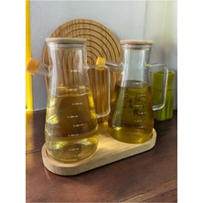 Kitchen Dream Çift Bölmeli Bambu Altlıklı 2 Adet 900 ml Bambu Kapaklı Borosilikat Cam Yağdanlık Sirkelik