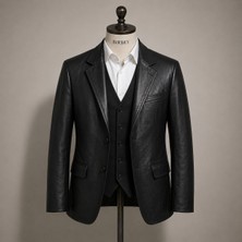 Moda Erkek Siyah Hakiki Kuzu Derisinden Düğmeli Cepli Düz Hakiki Deri Blazer Ceket