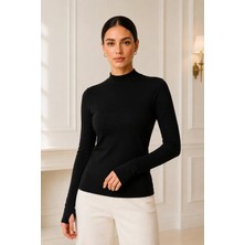 Yumuşak Dokulu Pamuk Dokuma Uzun Kol Dik Yaka Parmak Geçmeli Body Modal T-Shirt