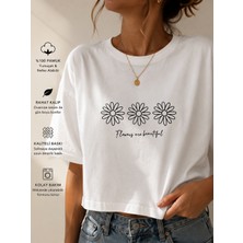 Badiva Fashion Kadın Oversize Papatya Baskılı Crop Tişört – Pamuklu Rahat Kalıp Basic Tshirt