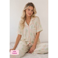 Seamlife Kadın Maskülen Gömlek Yaka Önden Düğmeli Dokuma %100 Pamuk Saten Göğüs Cepli Kısa Kollu Pijama Takımı