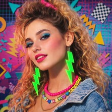 80 Ler 90 Lar Retro Neon Yeşil Şimşek Küpe 10 cm