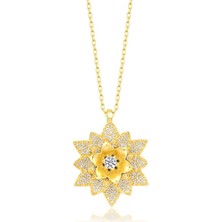Yvz Store 925 Ayar Gümüş Gold Beyaz Taşlı Lotus Çiçeği Kadın Kolye