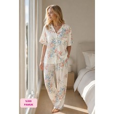 Seamlife Kadın Maskülen Gömlek Yaka Önden Düğmeli Dokuma %100 Pamuk Saten Göğüs Cepli Kısa Kollu Pijama Takımı