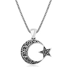 Yvz Store 925 Ayar Gümüş Desenli Ay Yıldız Erkek Gümüş Kolye