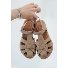 Modern Ayakkabı Bardo Kadın Hakiki Süet Deri Sandalet Camel