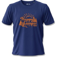 North Whiskers Happy Camper Doğa ve Kamp Temalı Baskılı %100 Pamuklu Unisex Lacivert Tişört