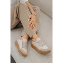 Nehir Ayakkabı Monar Kadın Bağcıklı Hakiki Deri Sneakers Bej