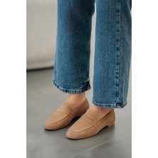 Akbir Gloria Kadın Hakiki Süet Deri Loafer Ayakkabı Camel