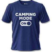 North Whiskers Camping Mode On Baskılı %100 Pamuklu Unisex Lacivert Kamp Tişörtü