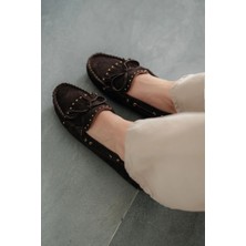 Artux Kadın Zımbalı Hakiki Süet Loafer Ayakkabı Kahve