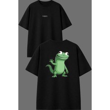 Vsrn El Sallayan Kertenkele Tasarım Ön Arka Baskılı Siyah Oversize T Shirt