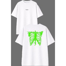 Vsrn Yeşil Kaburga Tasarım Ön Arka Baskılı Beyaz Oversize T Shirt