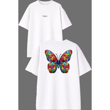Vsrn Yapboz Kelebek Tasarım Ön Arka Baskılı Beyaz Oversize T Shirt