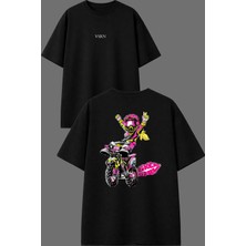 Vsrn Motocros Girls Tasarım Ön Arka Baskılı Siyah Oversize T Shirt