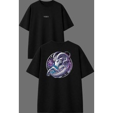 Vsrn Tek Boynuzlu Keçi Tasarım Ön Arka Baskılı Siyah Oversize T Shirt