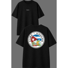 Vsrn Yuvarlak Cuba Tasarım Ön Arka Baskılı Siyah Oversize T Shirt