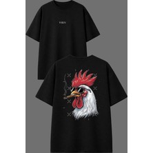 Vsrn Havalı Horoz Tasarım Ön Arka Baskılı Siyah Oversize T Shirt