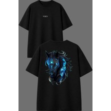 Vsrn Robot At Tasarım Ön Arka Baskılı Siyah Oversize T Shirt