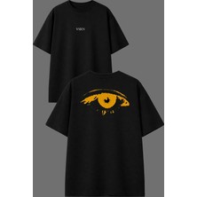 Vsrn Sarı Göz Tasarım Ön Arka Baskılı Siyah Oversize T Shirt