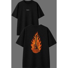 Vsrn Alevli Gitar Tasarım Ön Arka Baskılı Siyah Oversize T Shirt