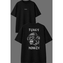 Vsrn Fnky Monkey Tasarım Ön Arka Baskılı Siyah Oversize T Shirt