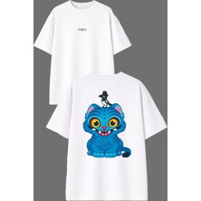 Vsrn Lacivert Kedi Tasarım Ön Arka Baskılı Beyaz Oversize T Shirt