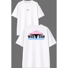 Vsrn Western Tasarım Ön Arka Baskılı Beyaz Oversize T Shirt