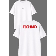 Vsrn Kırmızı Techno Tasarım Ön Arka Baskılı Beyaz Oversize T Shirt
