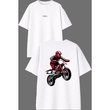 Vsrn Kırmızı Cros Motor Tasarım Ön Arka Baskılı Beyaz Oversize T Shirt