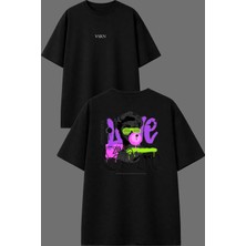 Vsrn Love Love Tasarım Ön Arka Baskılı Siyah Oversize T Shirt