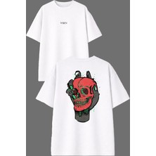 Vsrn Iskelet El Kafa Tasarım Ön Arka Baskılı Beyaz Oversize T Shirt